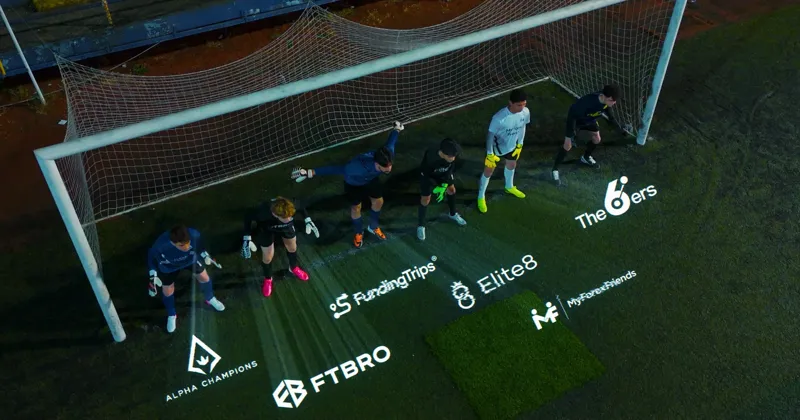Drone shot of six goalkeepers on the line