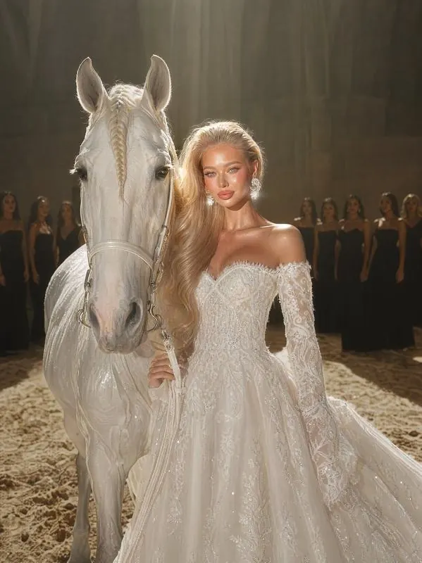 Bride in lace beside a white horse