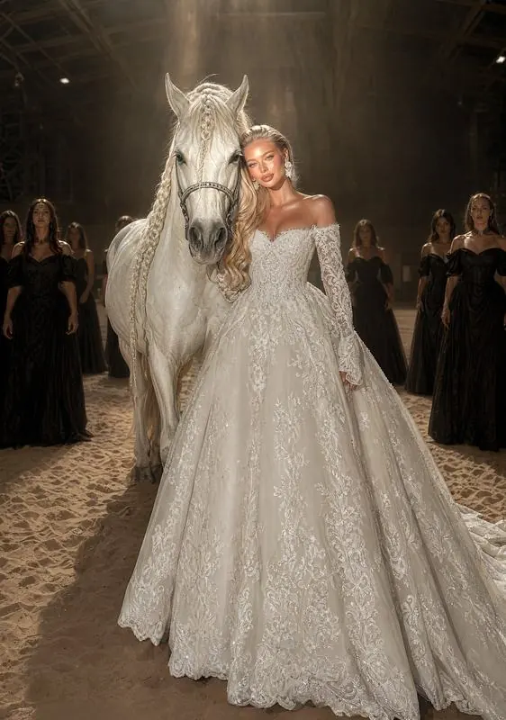 Bride walking with the horse
