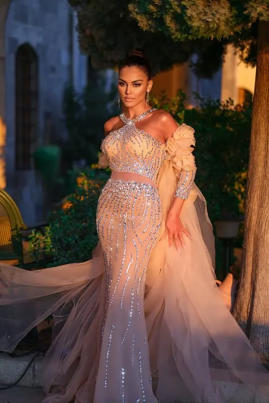 Champagne mermaid gown at sunset