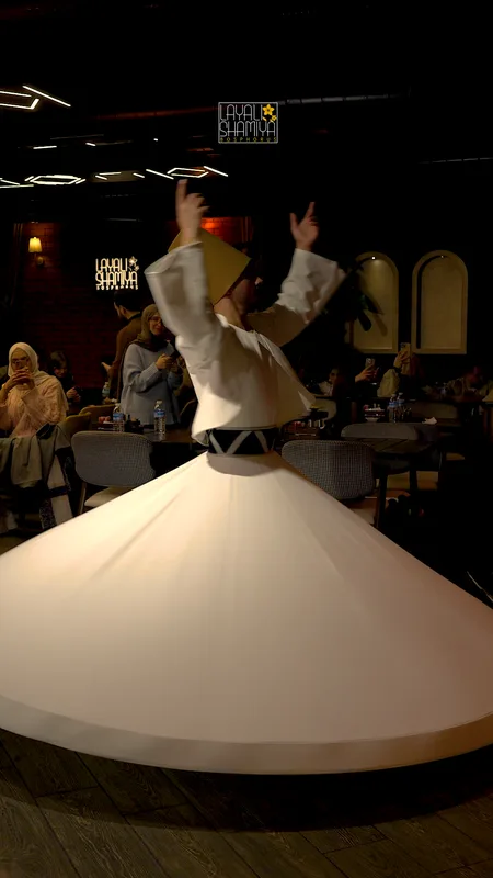 A whirling dervish in the restaurant at night
