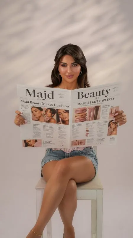 Model reading the Majd Beauty paper