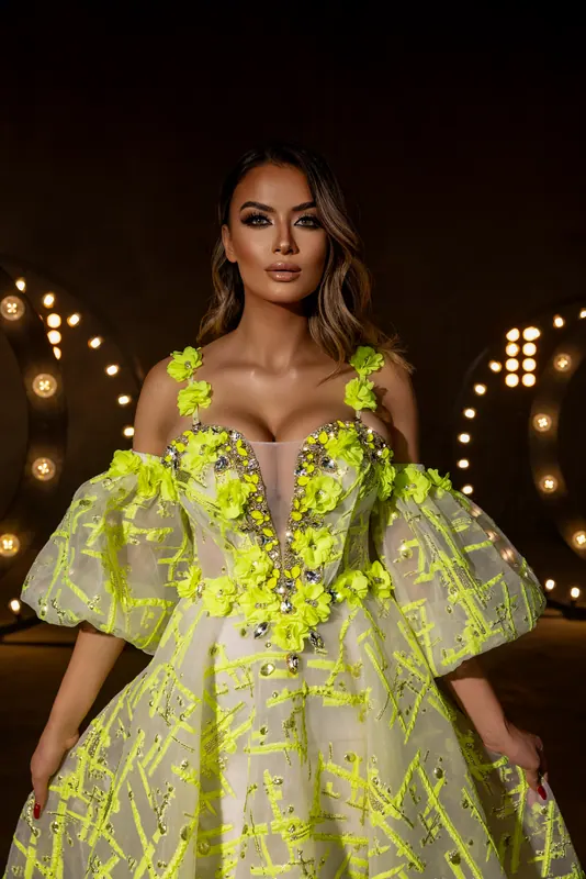 Neon floral gown with puff sleeves