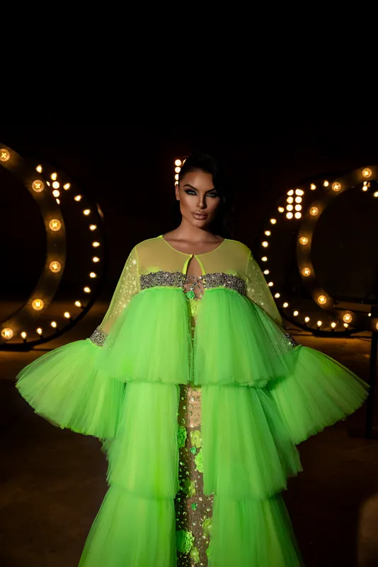 Tiered neon-green tulle cape