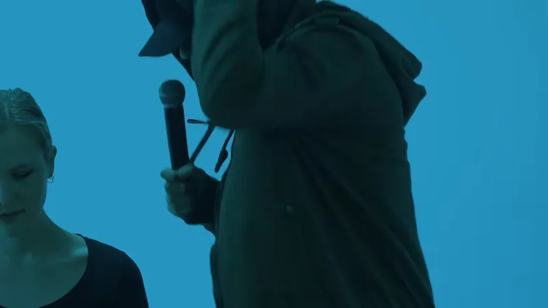 A blue room with a microphone