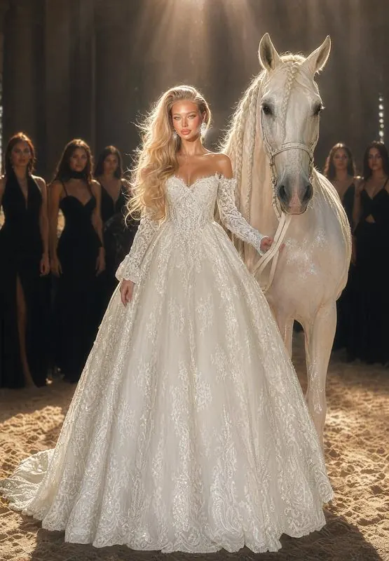 Bride and white horse with bridesmaids in black
